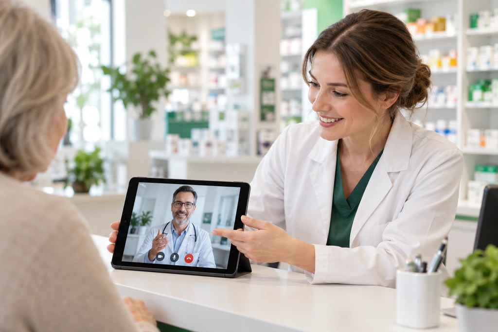 Apothekenpersonal unterstützt eine ärztliche Videosprechstunde über ein Tablet.